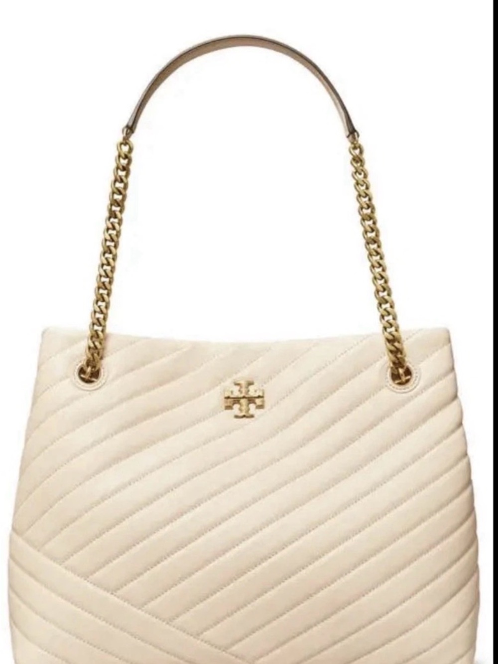 NEW Tory Burch Kira Chevron Tote Cream Quilted Shoulder Bag with Gold Chain NWT